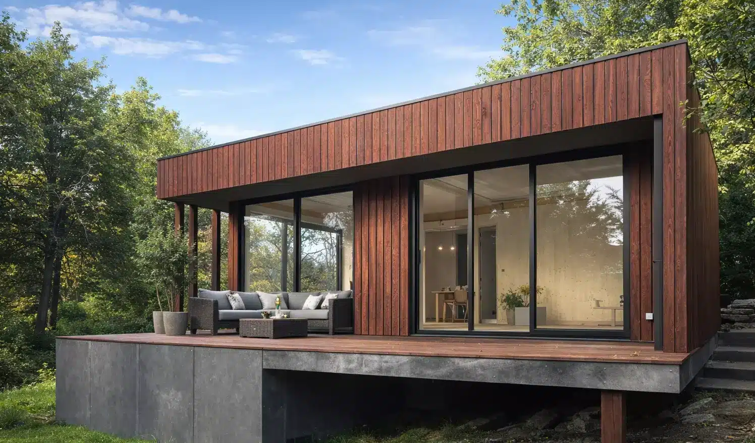 Construction d'une maison contemporaine en ossature bois avec larges baies vitrées dans le Hainaut.