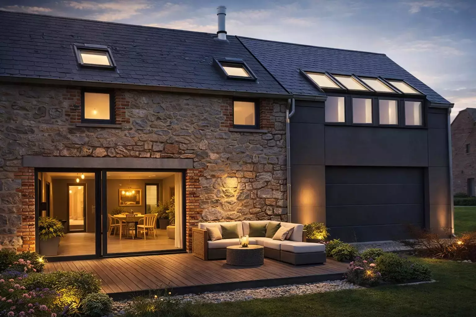 Perspective 3D de la façade arrière après transformation avec terrasse et larges baies vitrées.