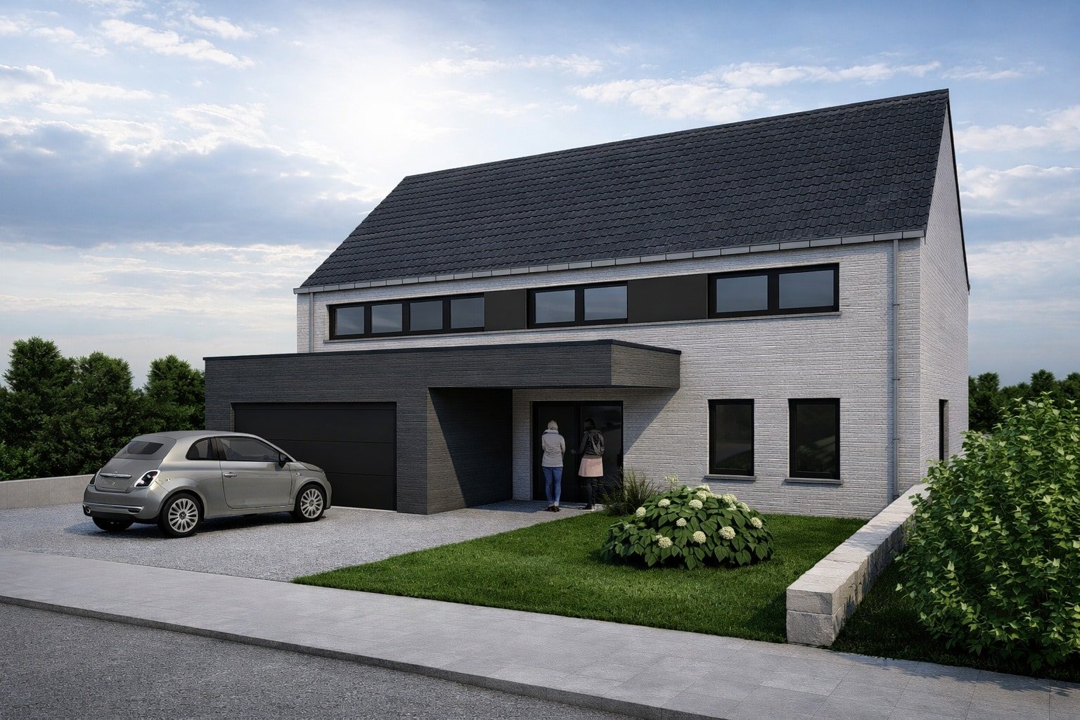 Modélisation 3D d'une construction de maison moderne en brique grise par VDArchitecture.