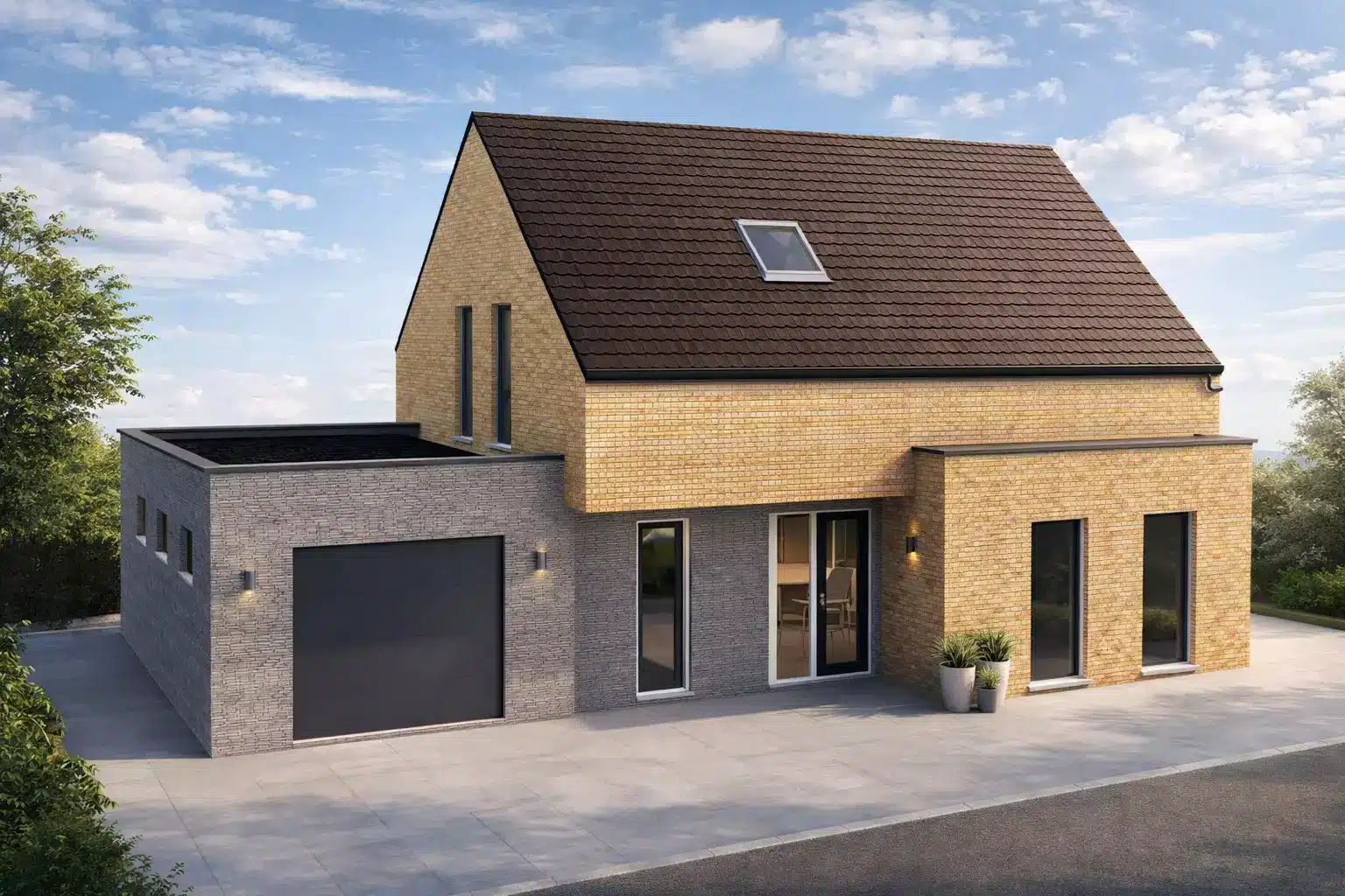Projet de construction d'une maison unifamiliale en briques bicolores dans le Hainaut.